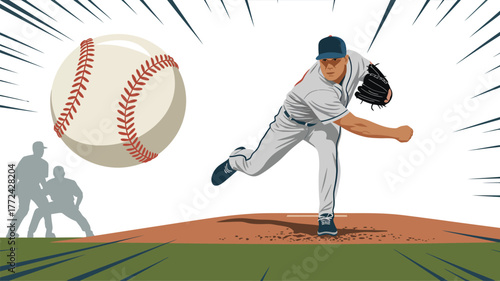A baseball pitcher throwing a ball with catchers in the background and speed lines behind it all
