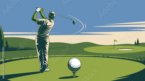 A golfer swinging a club on a green golf course with a ball on a tee under a blue sky with clouds