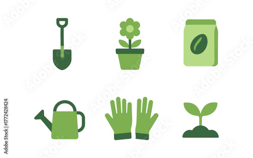 Flat gardening icons featuring tools, plants, and seeds for a fresh green theme