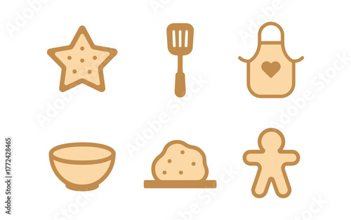 Flat icon set of baking tools and cookie shapes on beige background