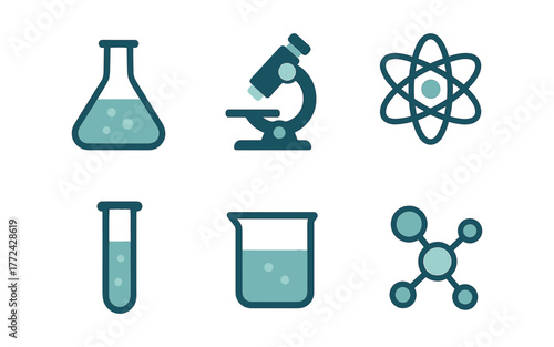 Science icons collection: microscopes, beakers, and atomic symbols in flat design