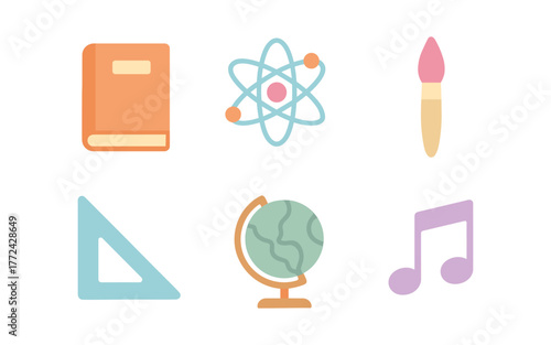 Educational flat icons: book, atom, paintbrush, ruler, globe, music note