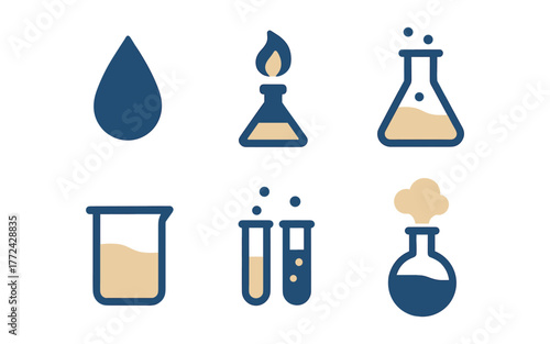 Minimalist chemistry icons set with laboratory equipment in flat design
