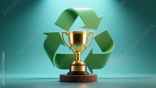 Golden trophy on wooden base surrounded by green recycling arrows symbolizing sustainability and achievement, business success, strong leadership