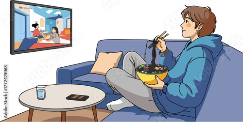 Vector illustration of a young man relaxing on a couch, eating a bowl of noodles with chopsticks while watching television in his living room