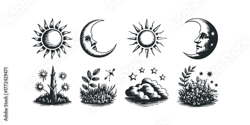 Celestial bodies and natural elements graphic collection