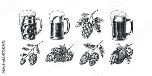 Collection of Steins Filled with Foamy Beer and Hops Sprigs