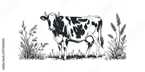 Black and white sketch of a cow standing in grass and flowers