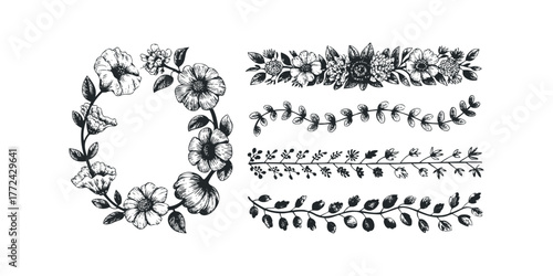 Ornate floral wreath and border elements in linocut style