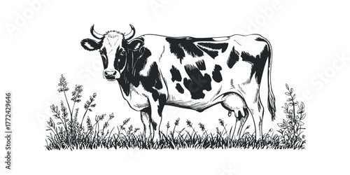 Black and White Speckled Cow Standing in Tall Grass