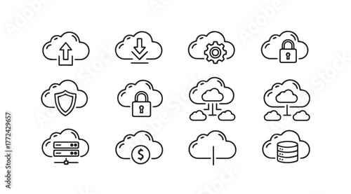 Cloud computing icons representing data storage security upload download and network services vector