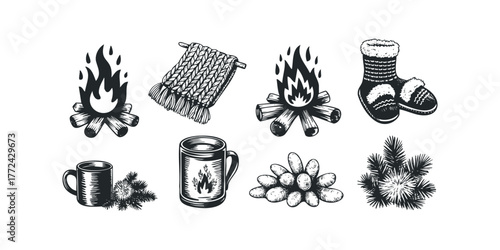 Cozy winter elements with bonfire, mug, and knitted items