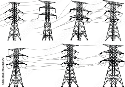 Flat vector silhouette of high voltage transmission towers, electricity pylons, power grid infrastructure, energy distribution network, black isolated utility graphic