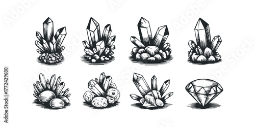 Group of various sketched crystal formations and a diamond