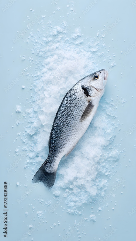 Obraz premium Fresh sea bass on crushed ice, minimalist top view