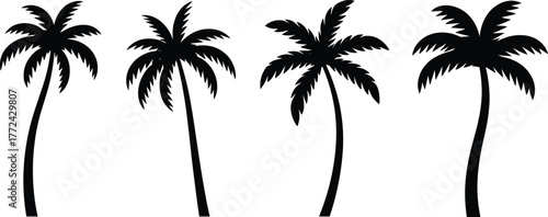 Flat vector silhouette of four palm trees, black tropical tree shapes with curved trunks, jagged fronds, isolated for beach design