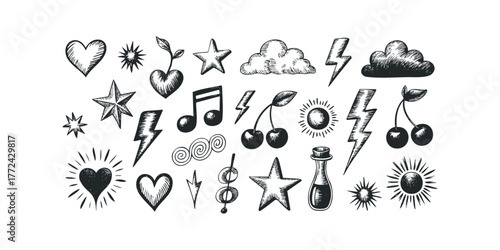 Hand-Drawn Icons Collection Heart Star Cloud Lightning Cherry Music Note