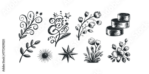 Collection of Hand Drawn Botanical and Celestial Elements