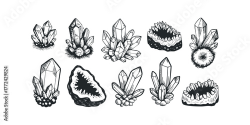 Collection of hand-drawn crystal formations and geode slice