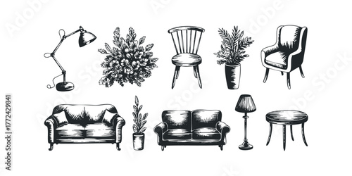 Hand Drawn Furniture and Plant Elements Collection