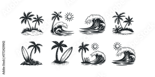 Palm trees and ocean waves illustration set