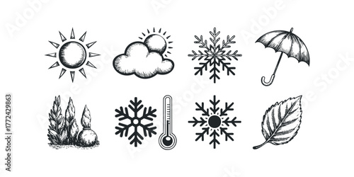 Hand-drawn collection of weather icons and natural elements
