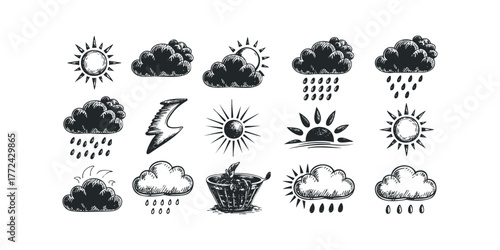 Collection of hand drawn weather icons including sun and rain