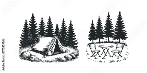 Forest campsite with tent and seating area