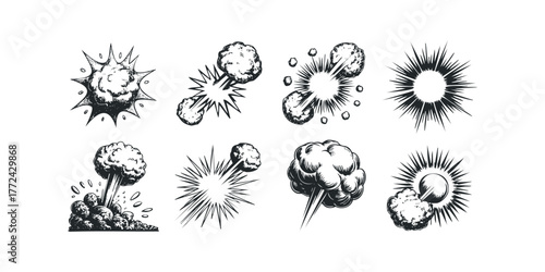 Eight comic style explosion and burst graphic elements