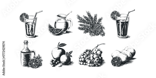 Still life with fruits and drinks in etched style