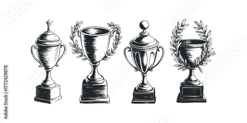Collection of four antique trophy illustrations with laurel wreaths