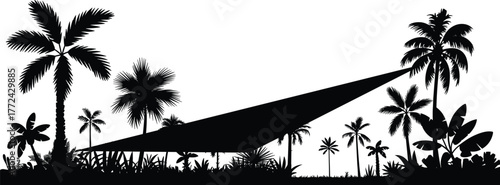 Flat vector silhouette of tropical landscape, black palm trees, plants, triangular canopy structure, isolated for nature, beach, design, illustration