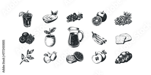 Sketchy Fruit and Food Assortment with Juice Pitcher and Drink