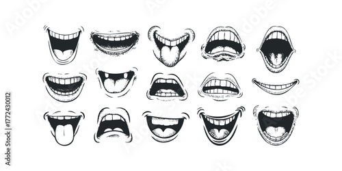 Collection of expressive cartoon mouths with various expressions