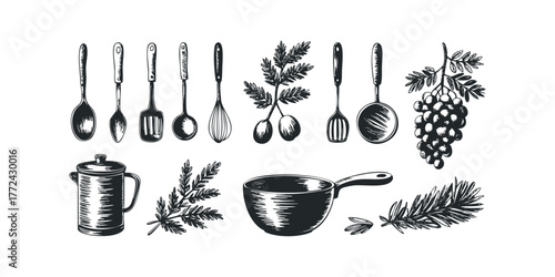 Collection of Hand Drawn Kitchen Utensils and Produce