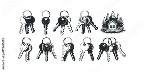 Collection of House Keys on Rings and Cabin in Woods