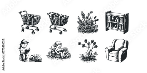 Children reading books in nature and indoor settings