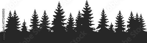 Flat vector silhouette of dense forest trees, black pine and conifer shapes with natural skyline, isolated for nature, design, illustration