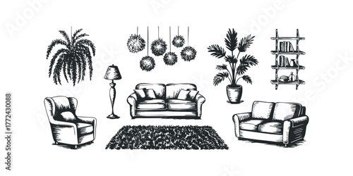 Hand-drawn sketch of a living room scene with furniture and plants
