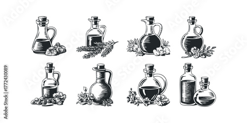 Assortment of glass bottles filled with dark liquid and decorative plant elements
