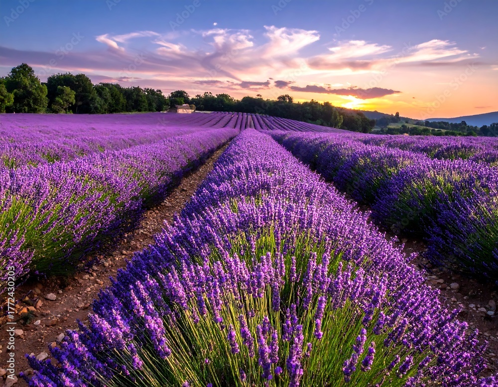 Naklejka premium Purple lavender fields stretch toward the sunset under a beautiful sky