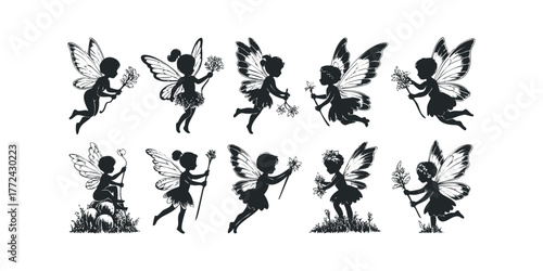 Group of varied winged sprites in silhouette holding floral elements