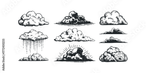 Collection of hand drawn cloud illustrations with rain and sunburst effects