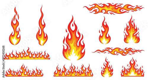 A collection of stylized flame illustrations in various shapes and sizes, evoking heat and energy.