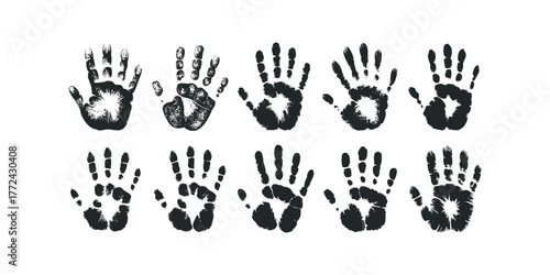 Collection of Ten Black Handprints on White Background