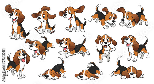 A collection of cartoon beagle dogs in various playful poses and actions, illustrating different moods and activities.