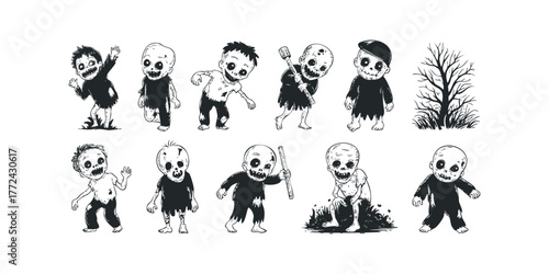 Group of cartoon zombies with torn clothes and spooky expressions