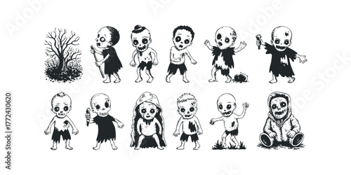 Collection of Cute, Spooky Undead Characters and Bare Tree