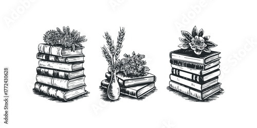Three still lifes of stacked books with floral and grain arrangements