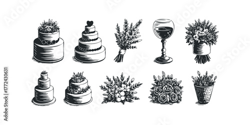 Collection of Wedding Cakes, Bouquets, and Wine Glass